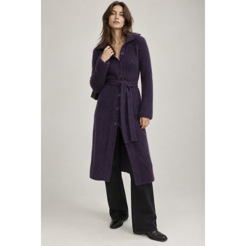 Talula Babaton Mohair Blend Long Cardigan Sweater Purple Ribbed Belted XXS